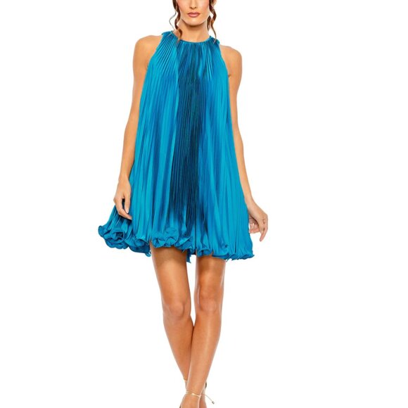 Mac Duggal PLEATED HALTER NECK FLOWY MINI TRAPEZE DRESS